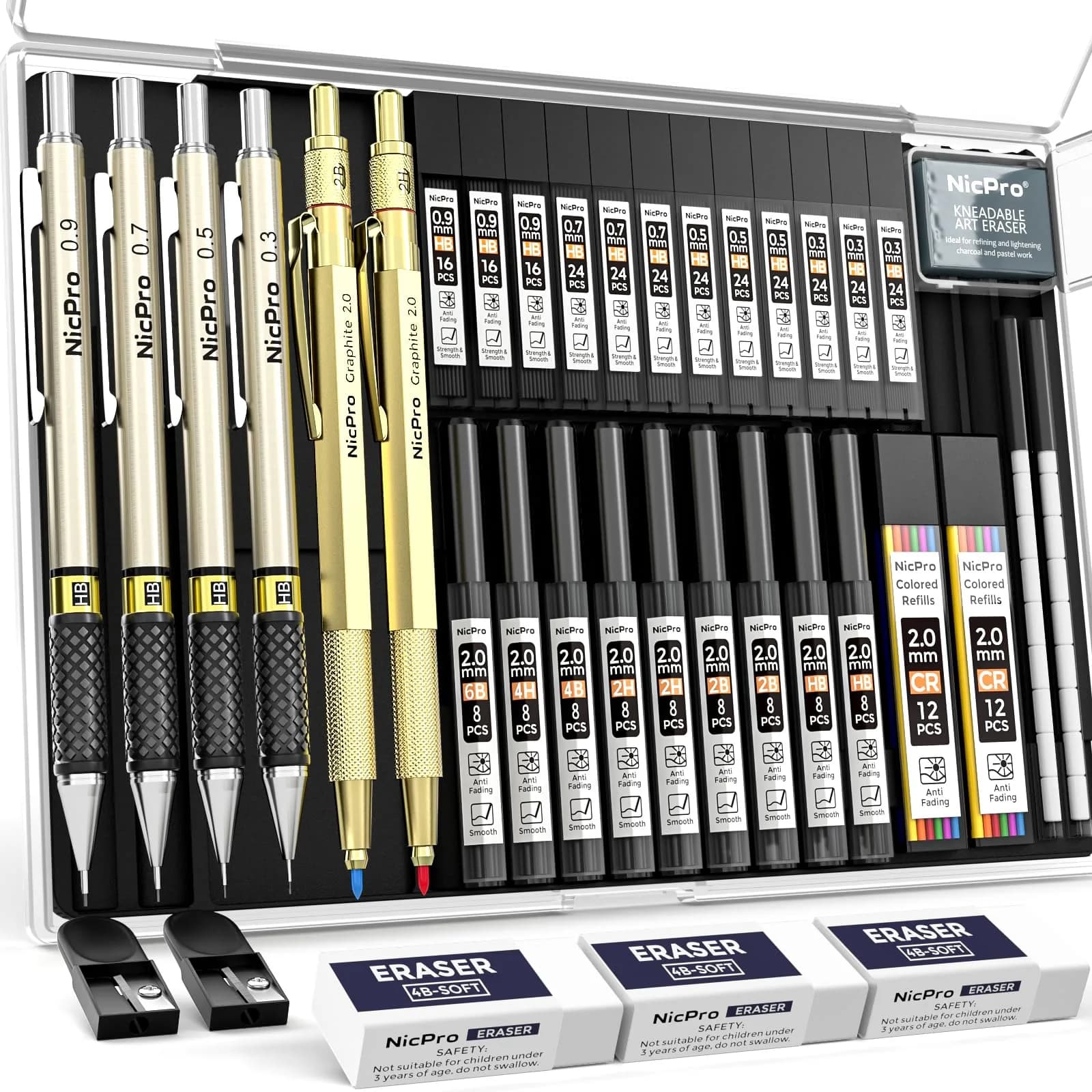 Nicpro 37PCS Art Mechanical Pencil Set, 6PCS Drafting Pencils & 21 Tubes Lead Refills | Smooth Writing & Drawing — Gold / 0.3 0.5 0.7 0.9 2.0