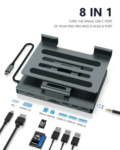 BKELHS 2026 iPad Pro USB C Hub Stand Adapter for iPad Pro M5 M3 M4 13 12.9 11 Inch | 4K HDMI, SD/TF, 3 USB 3.0, Audio thumbnail 2