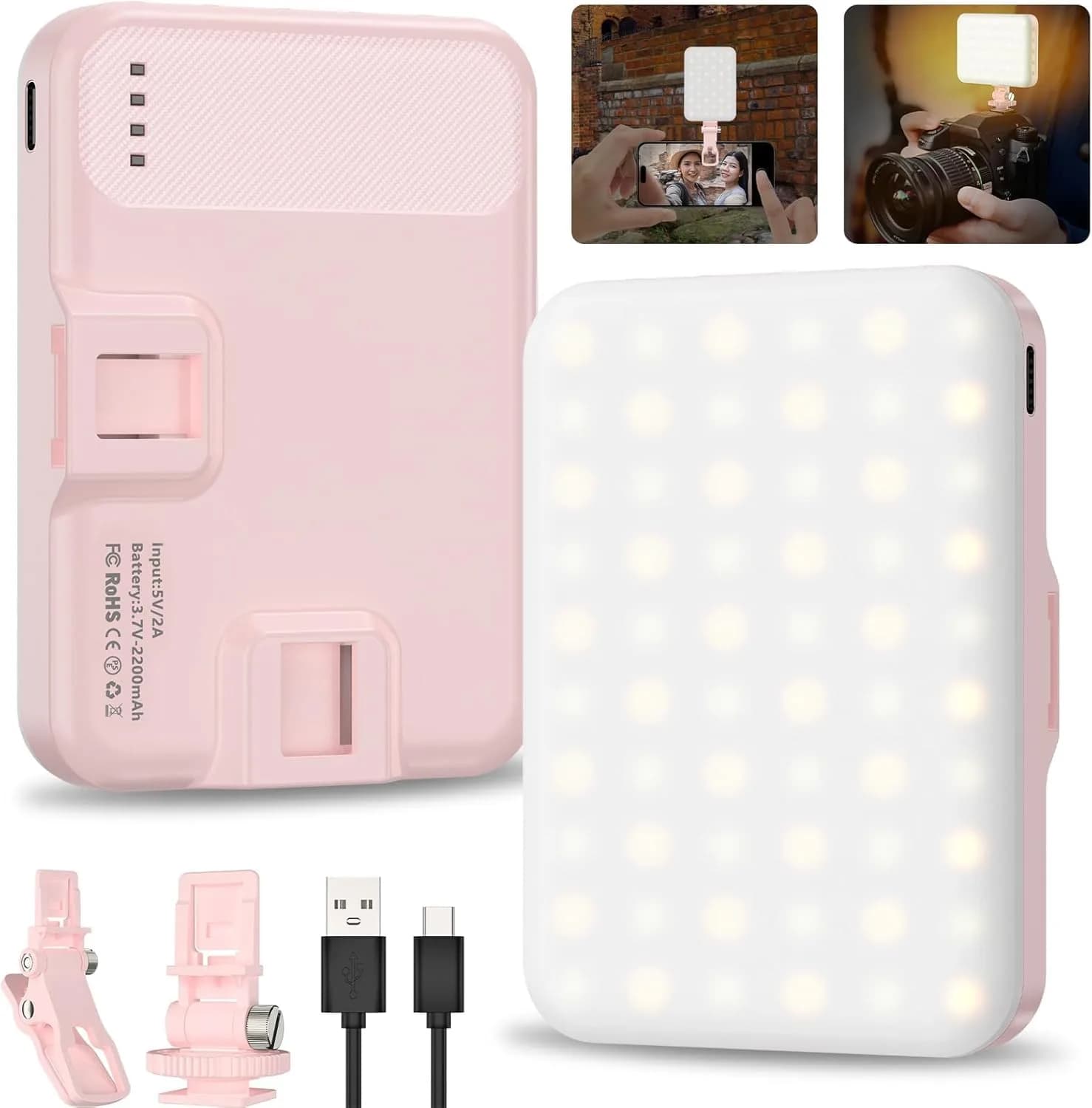 Hagibis Pink Camera Continuous Light 60 LED | Rechargeable Selfie Lighting with 7 Modes & 10 Brightness Levels - main product image