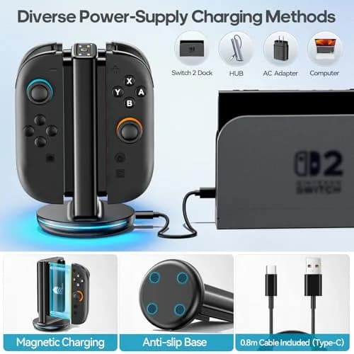 Rysker Switch 2 Joycon Charger with 9 RGBs, Magnetic & Bi-Directional Design, 4-in-1 Dock Station Stand for Nintendo Switch 2 Joy-Cons (Black) thumbnail 6
