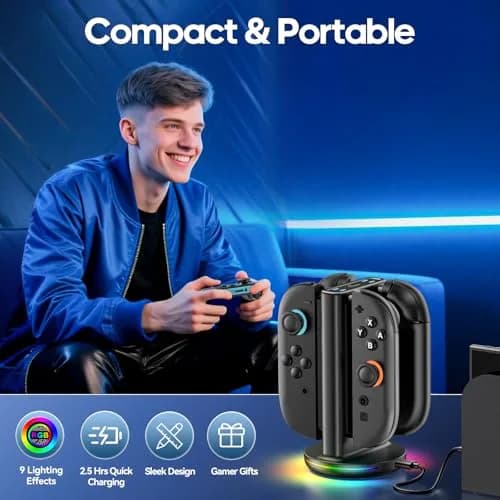 Rysker Switch 2 Joycon Charger with 9 RGBs, Magnetic & Bi-Directional Design, 4-in-1 Dock Station Stand for Nintendo Switch 2 Joy-Cons (Black) thumbnail 7