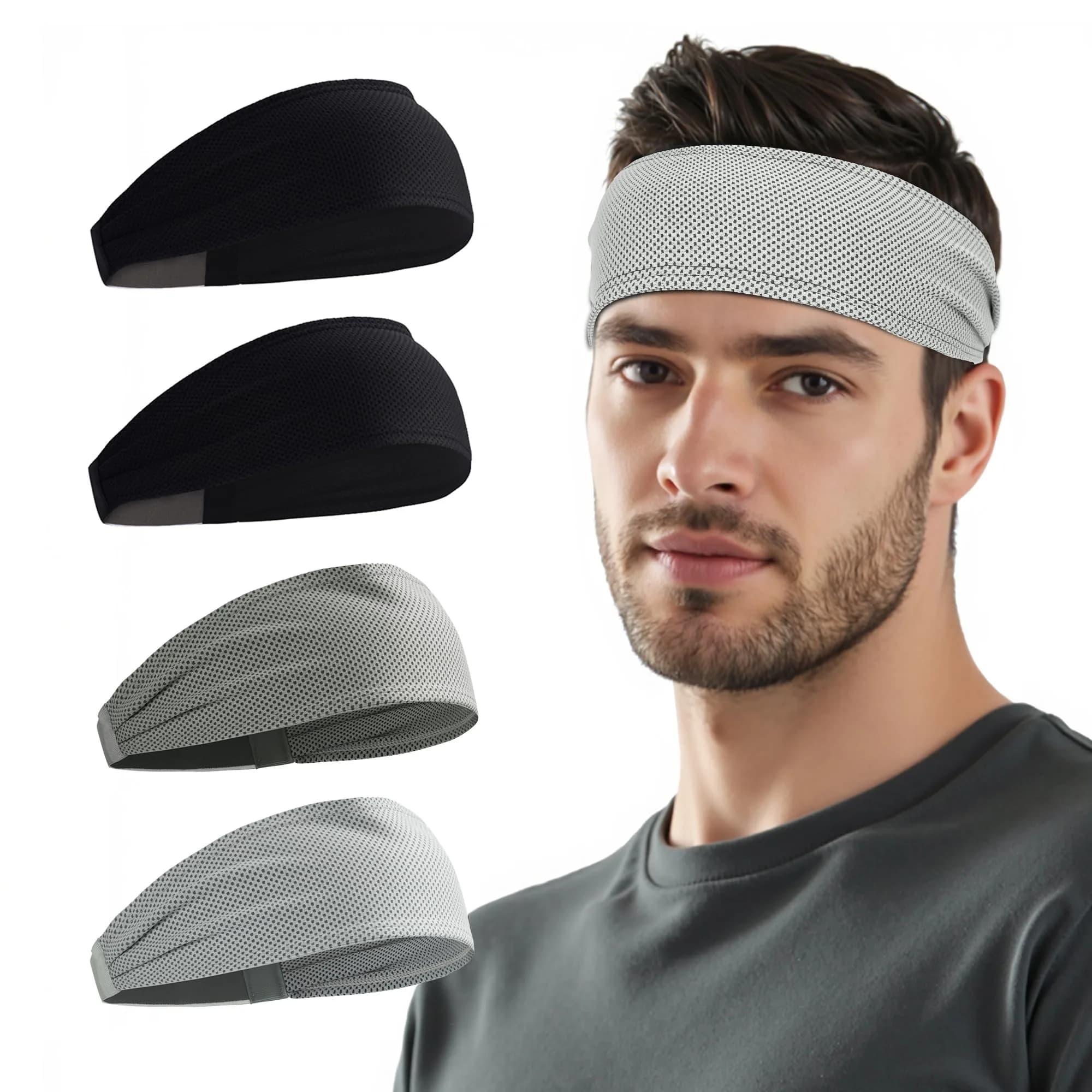 Sukeen Cooling Headbands for Men 4 Pack, Moisture Wicking Headbands for Gym 21.26"-23.62" (54-60 cm)