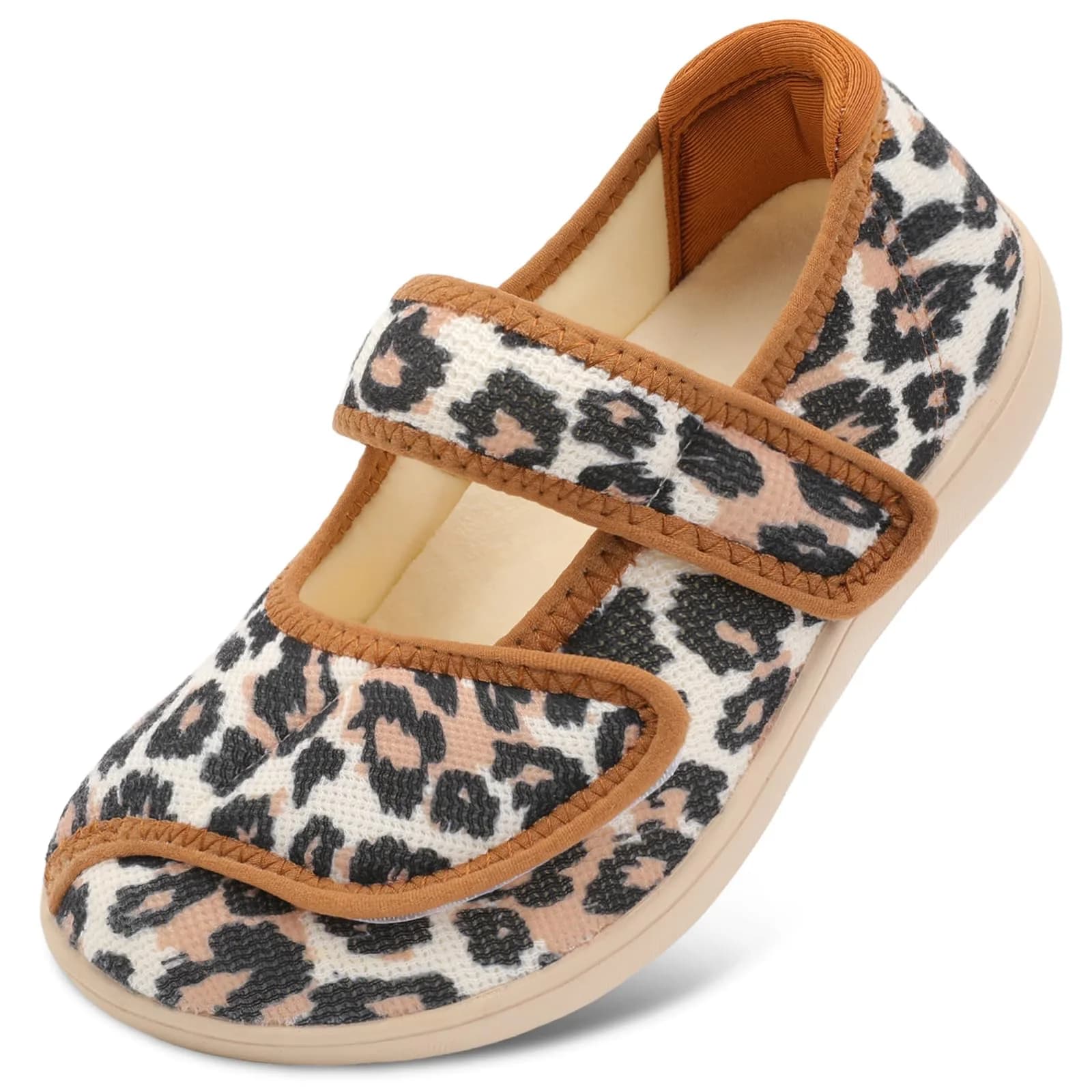 JOINFREE Women's Wide Diabetic Slippers with Adjustable Strap & Leopard Print | Size 7 Wide (26.7cm / 10.5in) — Leopard