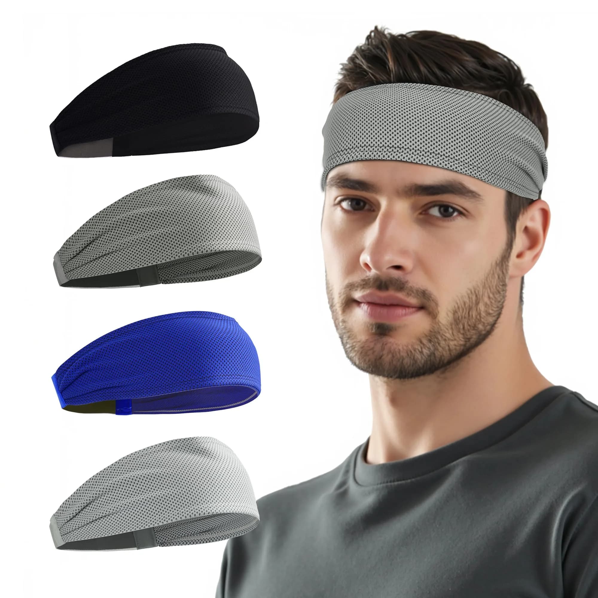 Sukeen Cooling Headbands for Men 4 Pack, Non-Slip Elastic Sweatbands for Running & Gym, 21.26"-23.62" Head Circumference
