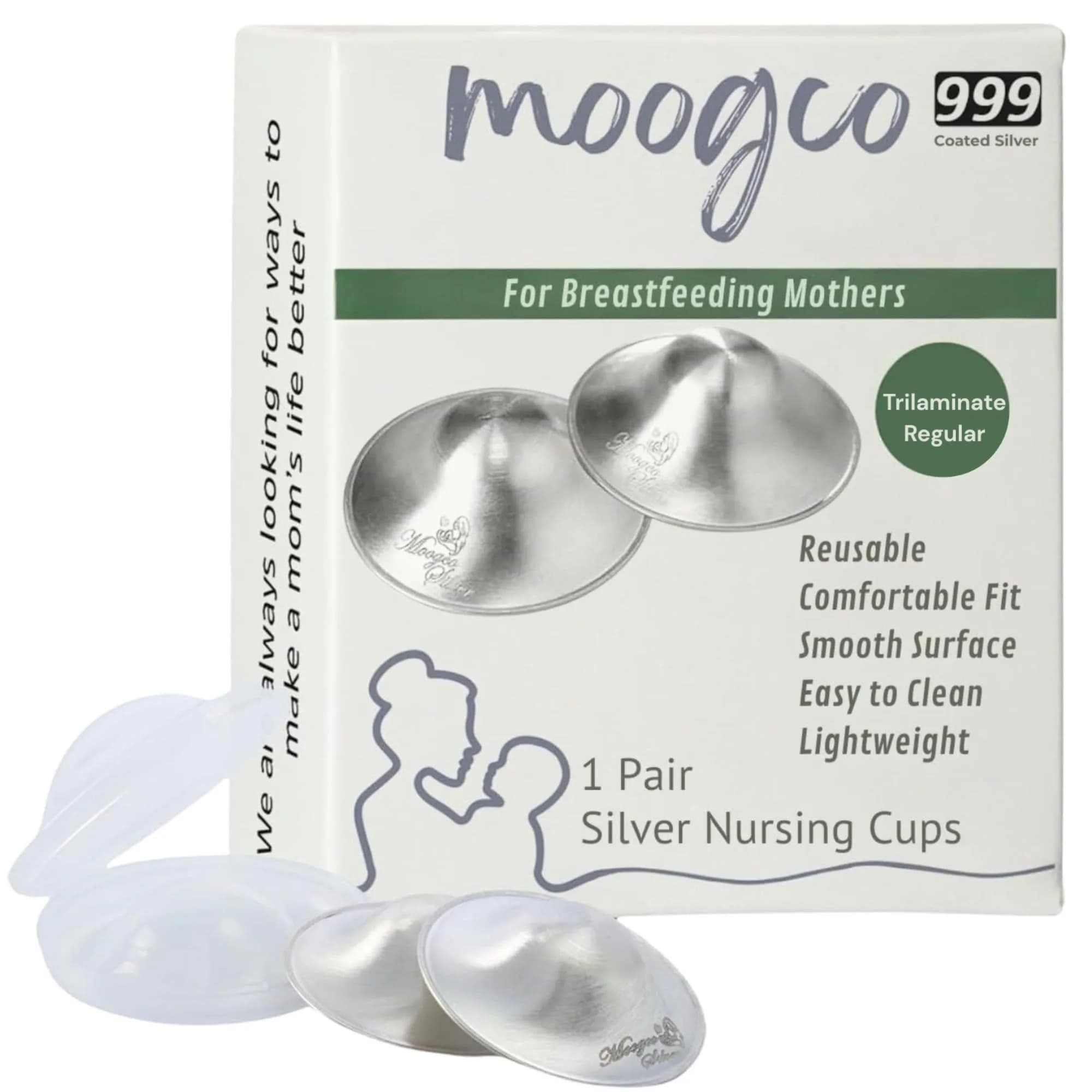 MOOGCO Original Silver Nursing Cups X-Large | 925 Sterling Silver Nipple Shields for Breastfeeding Comfort — 999k Tri-Laminate Silver / Regular