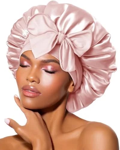BONNET QUEEN Silk Bonnet for Sleeping for Women Satin Bonnet Night Cap for Curly Hair with Tie Band, Cream Pink | Moisture & Frizz Control thumbnail 1