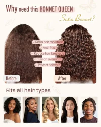 BONNET QUEEN Silk Bonnet for Sleeping for Women Satin Bonnet Night Cap for Curly Hair with Tie Band, Cream Pink | Moisture & Frizz Control thumbnail 4