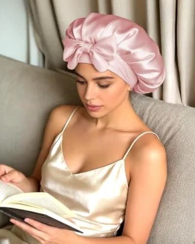BONNET QUEEN Silk Bonnet for Sleeping for Women Satin Bonnet Night Cap for Curly Hair with Tie Band, Cream Pink | Moisture & Frizz Control thumbnail 7