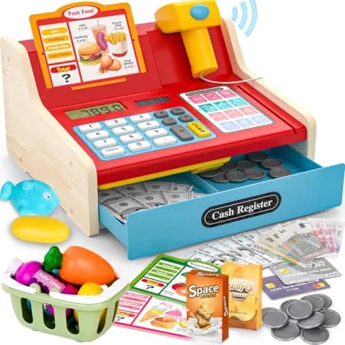 Maysida Wooden Toy Cash Register for Kids | Pretend Play Role-Playing Gift (8.7 x 8 x 4.7 inches) thumbnail 1