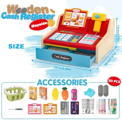 Maysida Wooden Toy Cash Register for Kids | Pretend Play Role-Playing Gift (8.7 x 8 x 4.7 inches) thumbnail 5