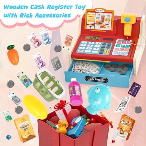 Maysida Wooden Toy Cash Register for Kids | Pretend Play Role-Playing Gift (8.7 x 8 x 4.7 inches) thumbnail 3