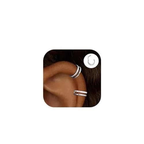 Qyalie Cartilage Helix Conch Piercing Jewelry 14K Gold Plated Stainless Steel | Double Hoop with Cubic Zirconia thumbnail 1