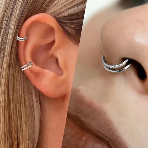 Qyalie Cartilage Helix Conch Piercing Jewelry 14K Gold Plated Stainless Steel | Double Hoop with Cubic Zirconia thumbnail 7