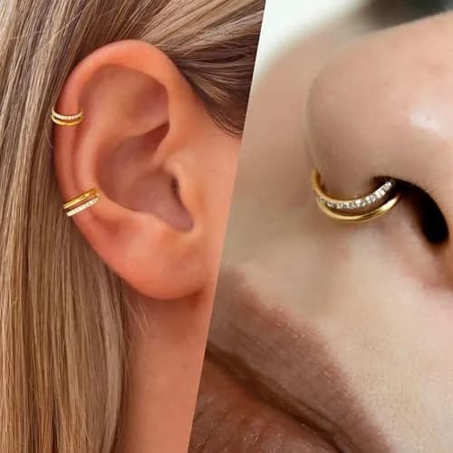 Qyalie Cartilage Helix Conch Piercing Jewelry 14K Gold Plated Stainless Steel | Double Hoop with Cubic Zirconia thumbnail 7