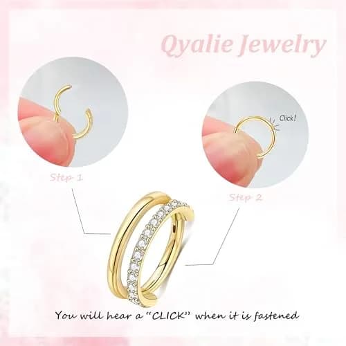 Qyalie Cartilage Helix Conch Piercing Jewelry 14K Gold Plated Stainless Steel | Double Hoop with Cubic Zirconia thumbnail 3
