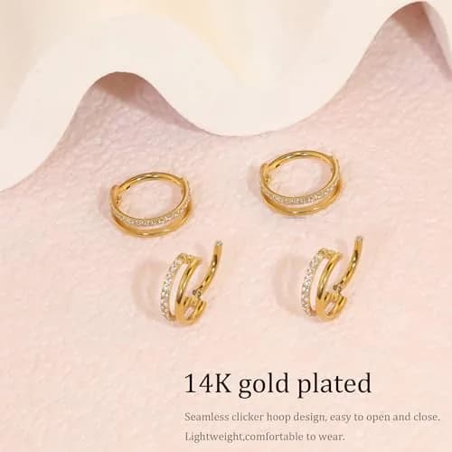 Qyalie Cartilage Helix Conch Piercing Jewelry 14K Gold Plated Stainless Steel | Dainty Double Hoop Earrings for Women thumbnail 4
