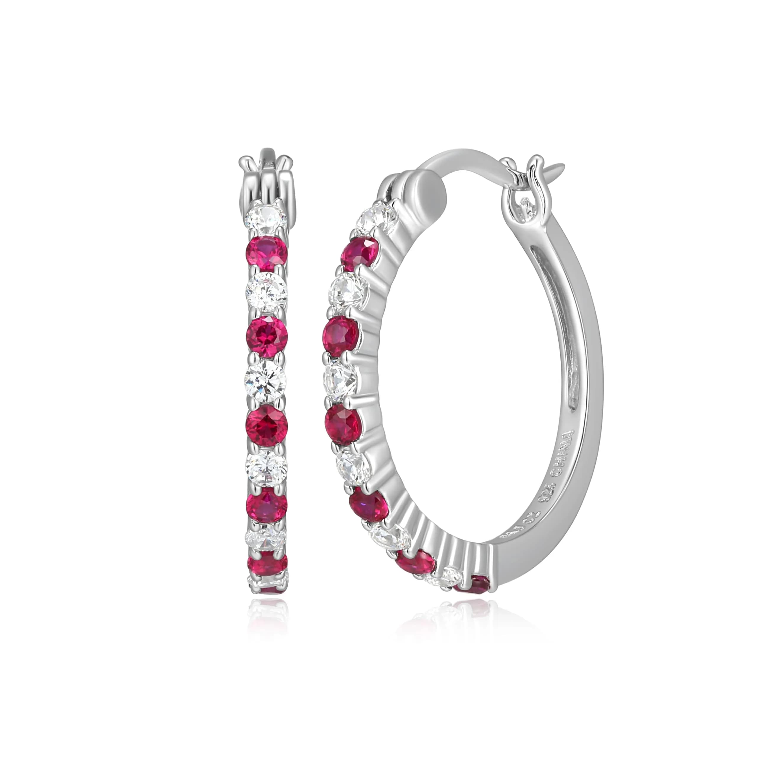 MORGAN & PAIGE .925 Sterling Silver Rhodium Plated Lab Created Ruby & Cubic Zirconia Hoop Earrings | Lightweight & Hypoallergenic (70-120 chars) - main product image