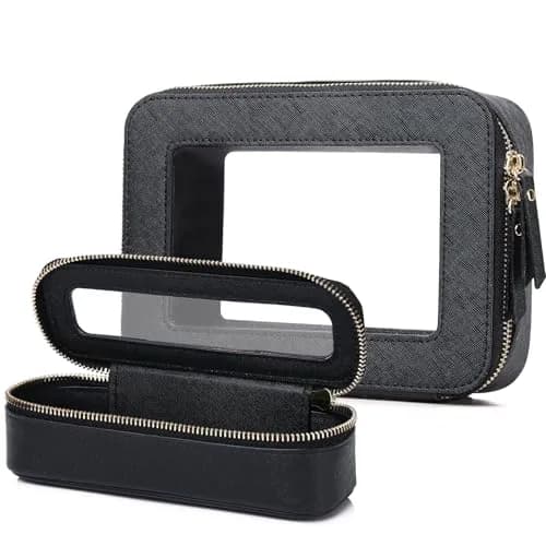 Pinkmik Travel Clear Makeup Bag Set (Black, M+SLIM) | TSA Approved Organizer with Waterproof Faux Leather thumbnail 1