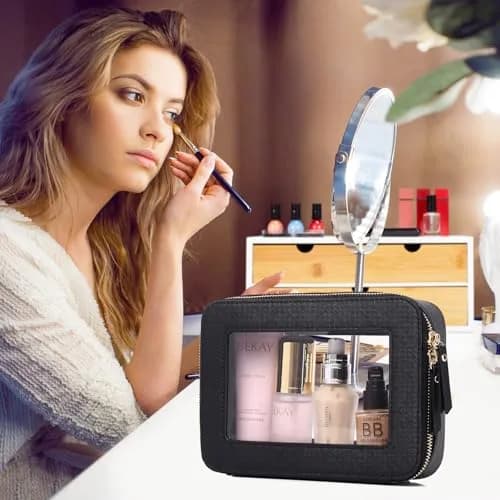 Pinkmik Travel Clear Makeup Bag Set (Black, M+SLIM) | TSA Approved Organizer with Waterproof Faux Leather thumbnail 3
