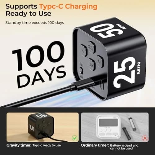 EooCoo Rotating Flip Timer 5/10/25/50 Min, USB-C Rechargeable, Visual Countdown & Stopwatch | ADHD Tools for Study & Work thumbnail 7