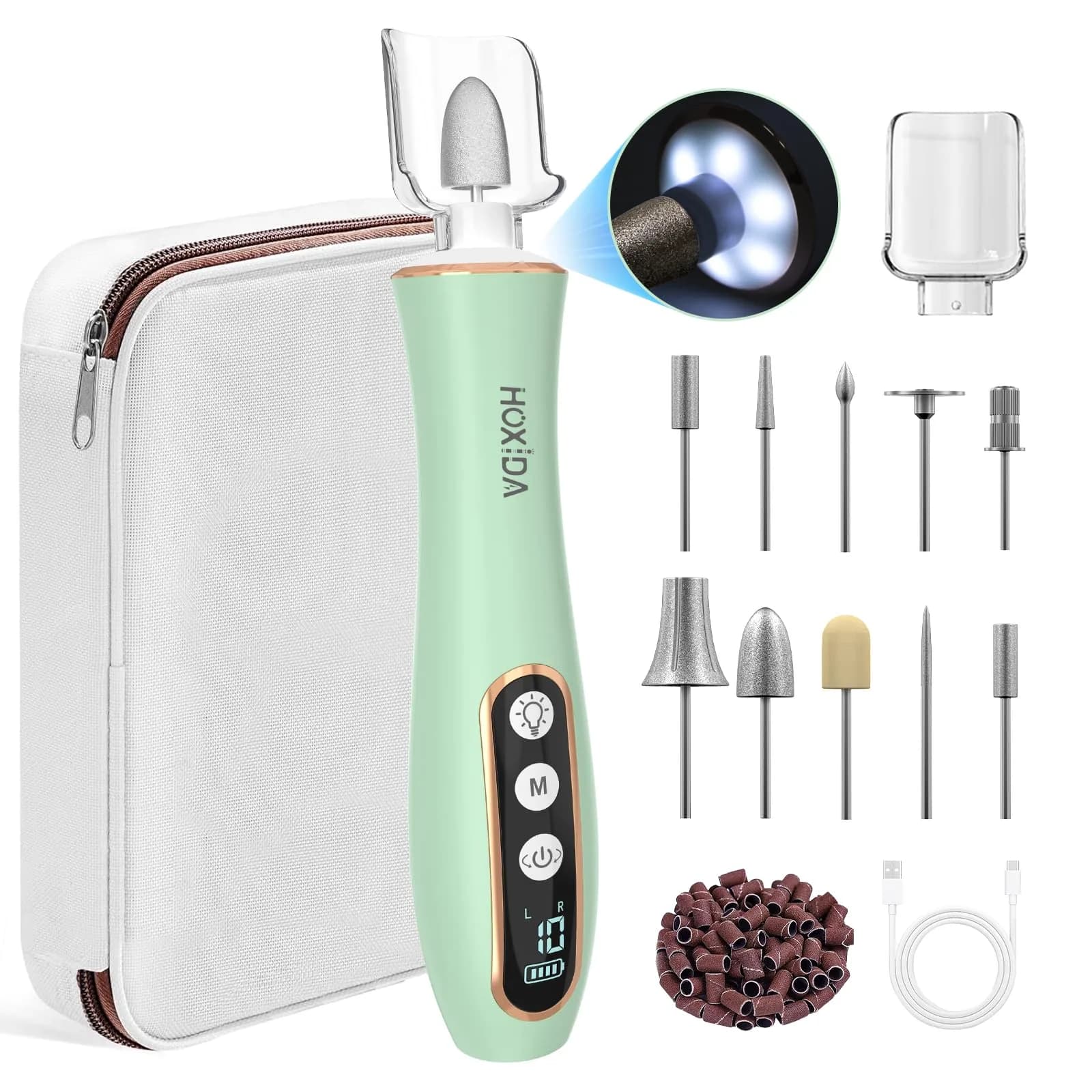 Hoxida Cordless Electric Nail Drill with 360° LED Light | 20,000 RPM, 10-Speed, Rechargeable — Green-case