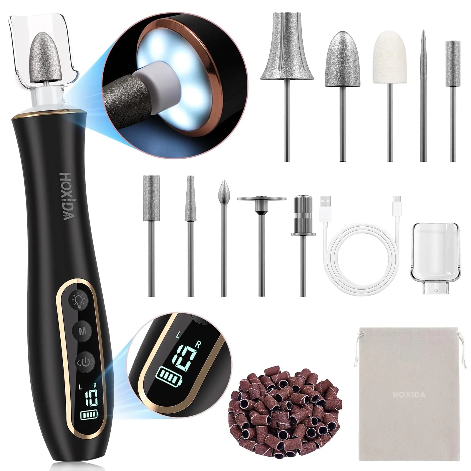 Hoxida Cordless Electric Nail Drill with 360° LED Light | 20,000 RPM, 10-Speed, Rechargeable — Pink