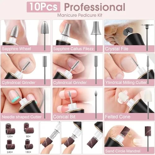 Hoxida Professional Nail Drill Kit Pink | 20,000 RPM Cordless Electric Nail File with 360° LED Light & 12 Bits thumbnail 9
