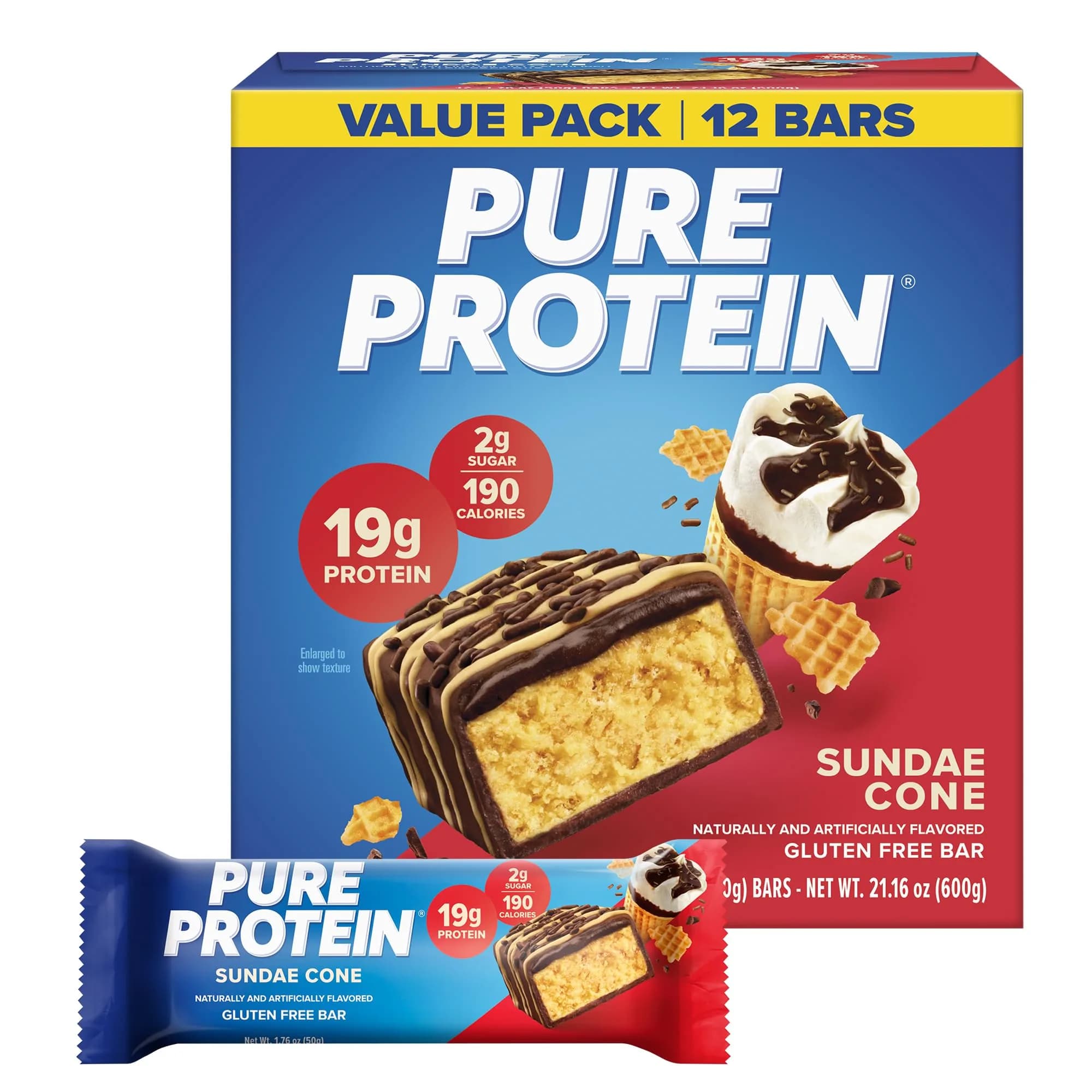 Pure Protein Sundae Cone Protein Bars 20g Protein 12 Ct | Gluten Free Snack Bar - main product image