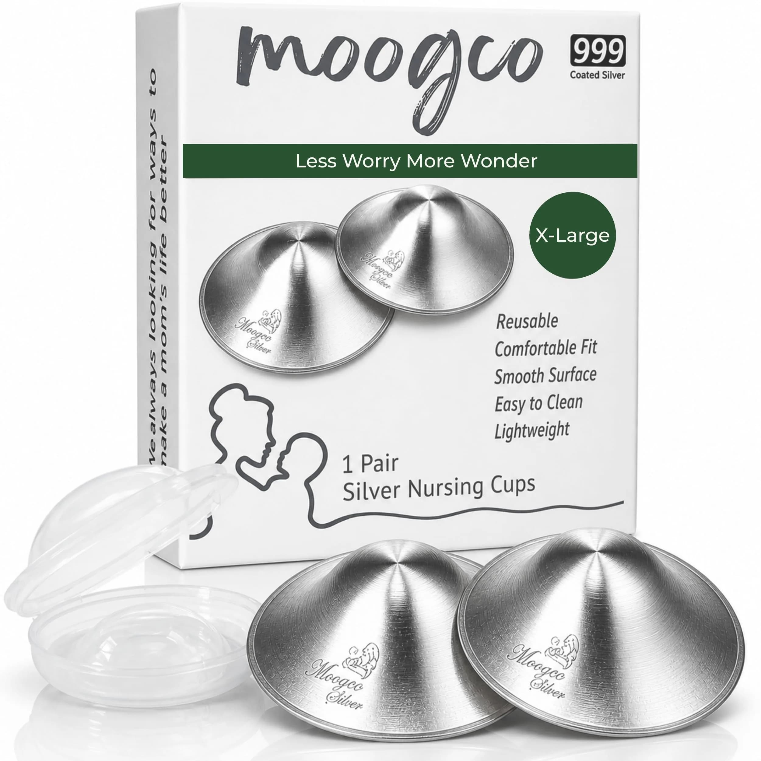 MOOGCO Original Silver Nursing Cups X-Large | 925 Sterling Silver Nipple Shields for Breastfeeding Comfort — 999k Tri-Laminate Silver / X-Large