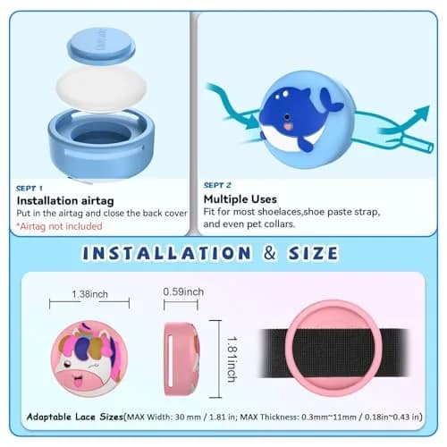BIQIRE AirTag Shoes Holder 4-Pack (Gen 1 & 2) | Waterproof Silicone Cartoon Case for Kids Shoelaces & Straps (Green/White/Blue/Pink) thumbnail 6