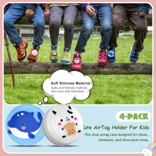 BIQIRE AirTag Shoes Holder 4-Pack (Gen 1 & 2) | Waterproof Silicone Cartoon Case for Kids Shoelaces & Straps (Green/White/Blue/Pink) thumbnail 2