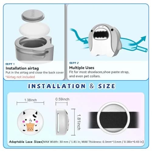 BIQIRE AirTag Shoes Holder 2 Pack | Waterproof Silicone Cartoon Cute Airtag Case for Kids Shoelaces & Straps (White & Grey) thumbnail 6