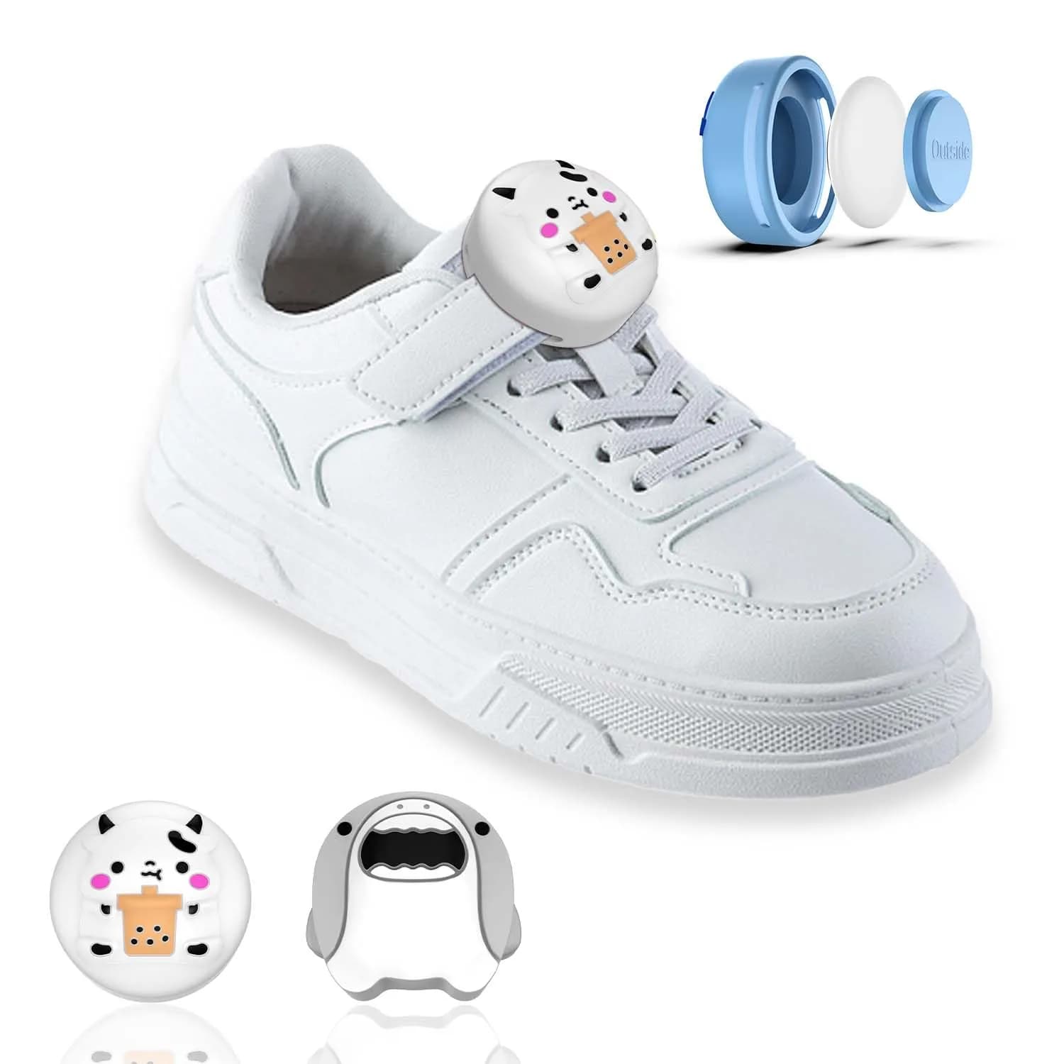 BIQIRE AirTag Shoes Holder 4-Pack (Gen 1 & 2) | Waterproof Silicone Cartoon Case for Kids Shoelaces & Straps (Green/White/Blue/Pink) — (White+Grey)