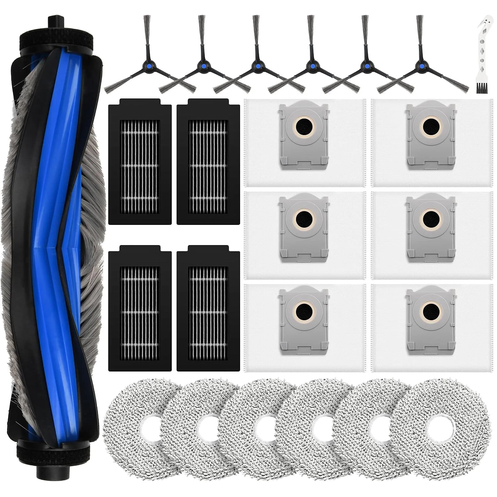 KTNAid 21 Pcs Accessories Kit for ECOVACS DEEBOT T90 PRO Omni Robot Vacuum | Main Brush, HEPA Filters, Side Brushes, Dust Bags, Roller Mops, Cleaning Tool & Screwdriver — Blue