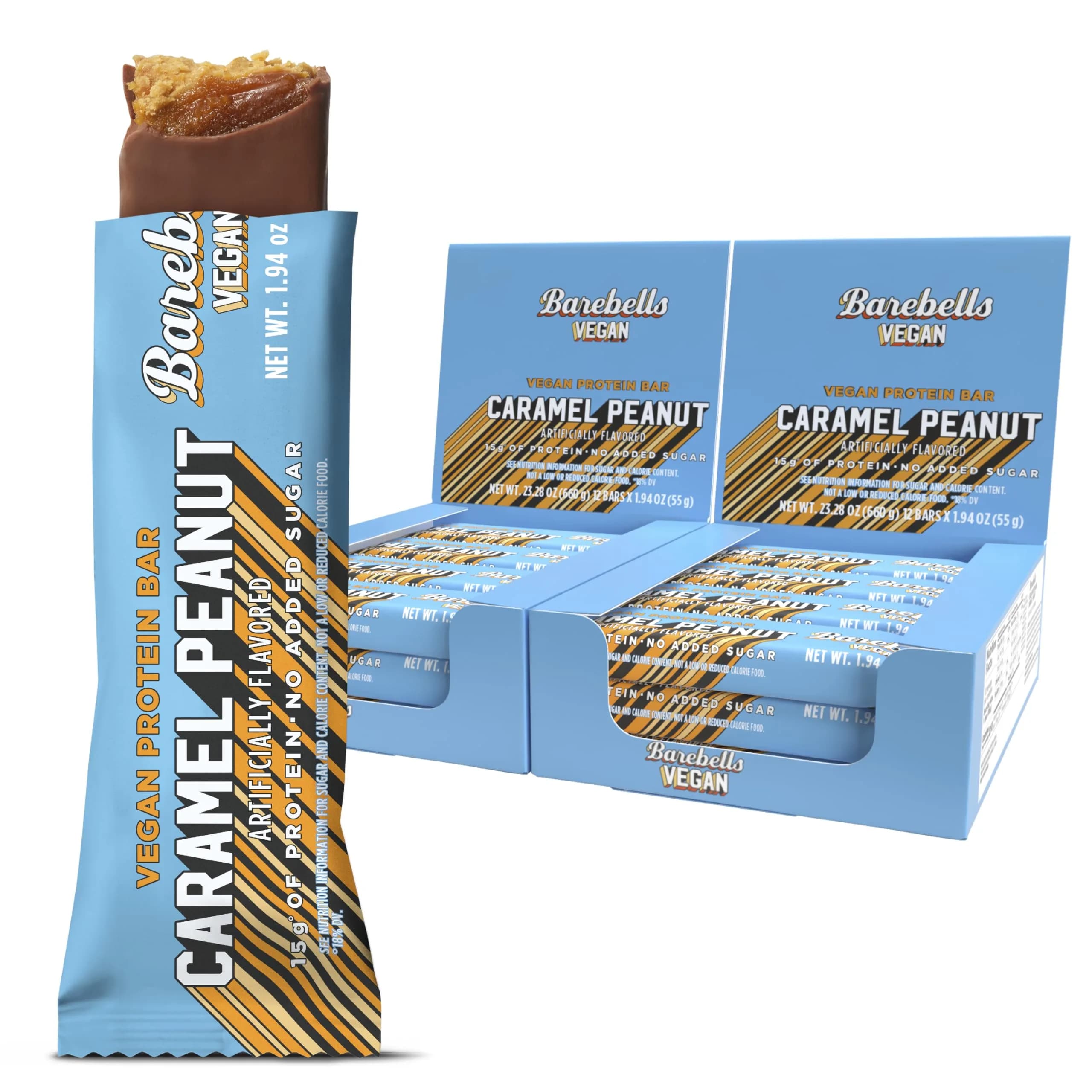 BAREBELLS Vegan Protein Bars Peanut Caramel 24 Count | Plant Based High Protein Snack
