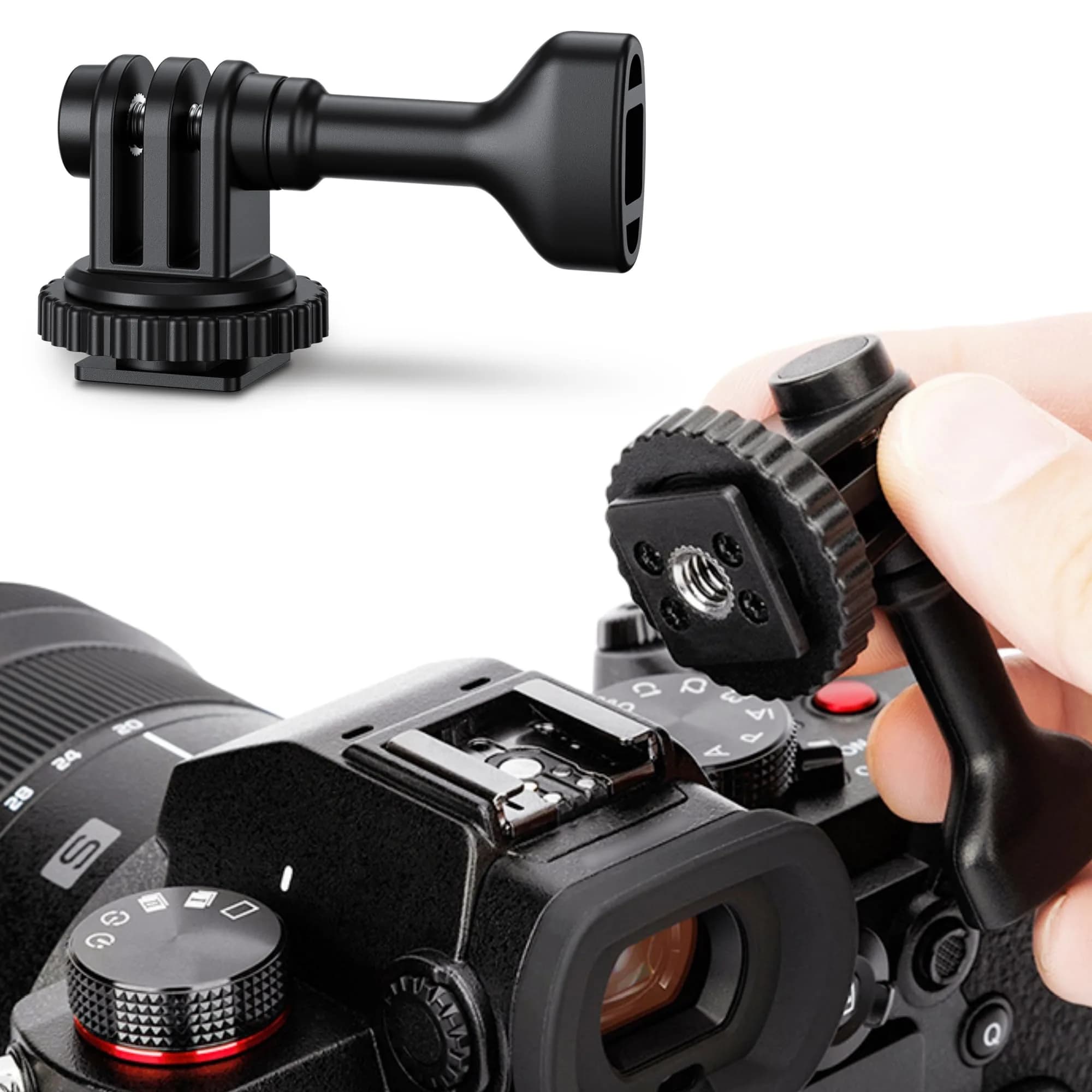 JJC 2-in-1 Action Camera Hot Shoe Mount Adapter with 1/4"-20 Hole & Tilt Adjustment | Black ABS Material — ACD-C2-CPA