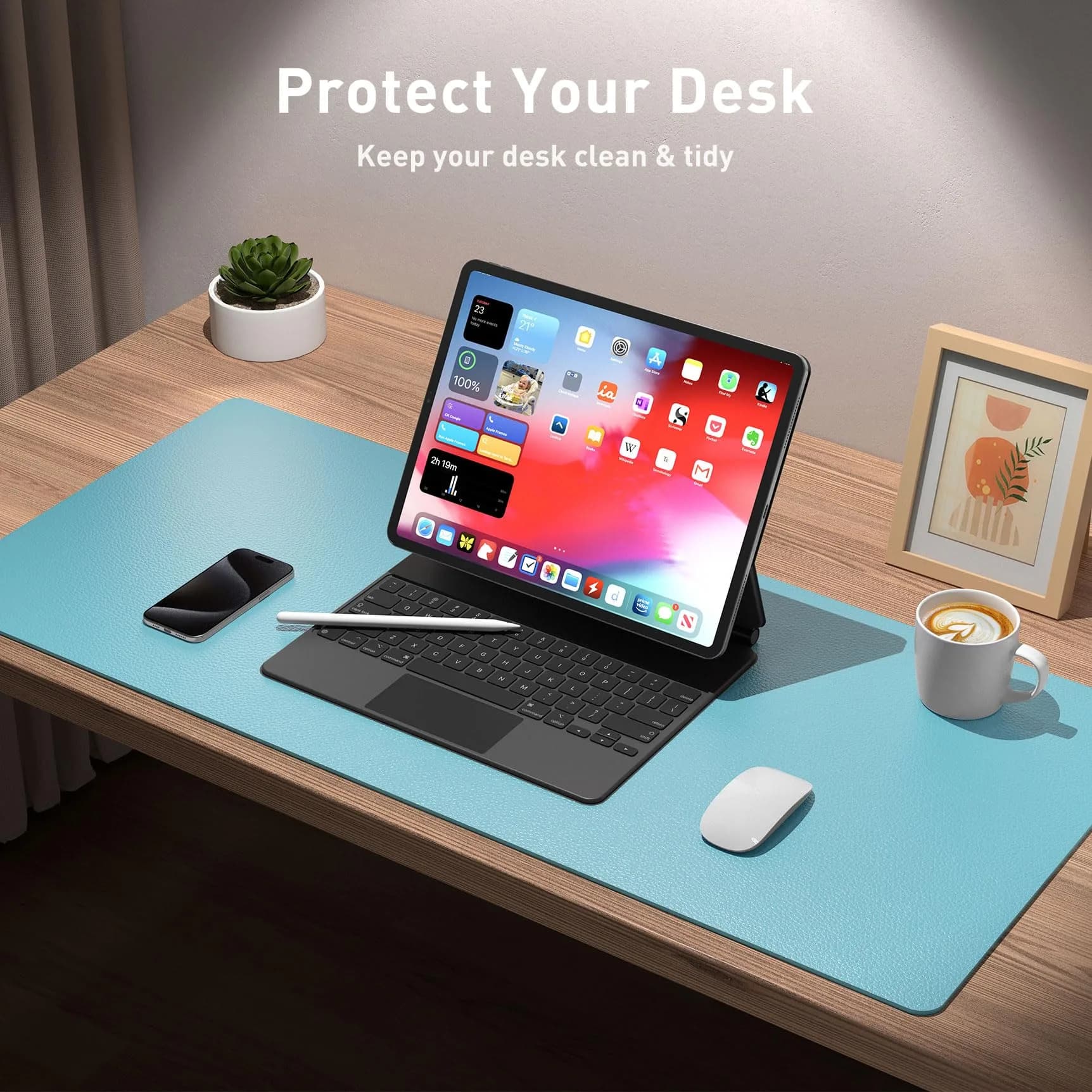 Aothia Large PU Leather Desk Pad Protector – Non-Slip Mouse Pad & Writing Mat, 48" x 17" Blue Topaz thumbnail 4