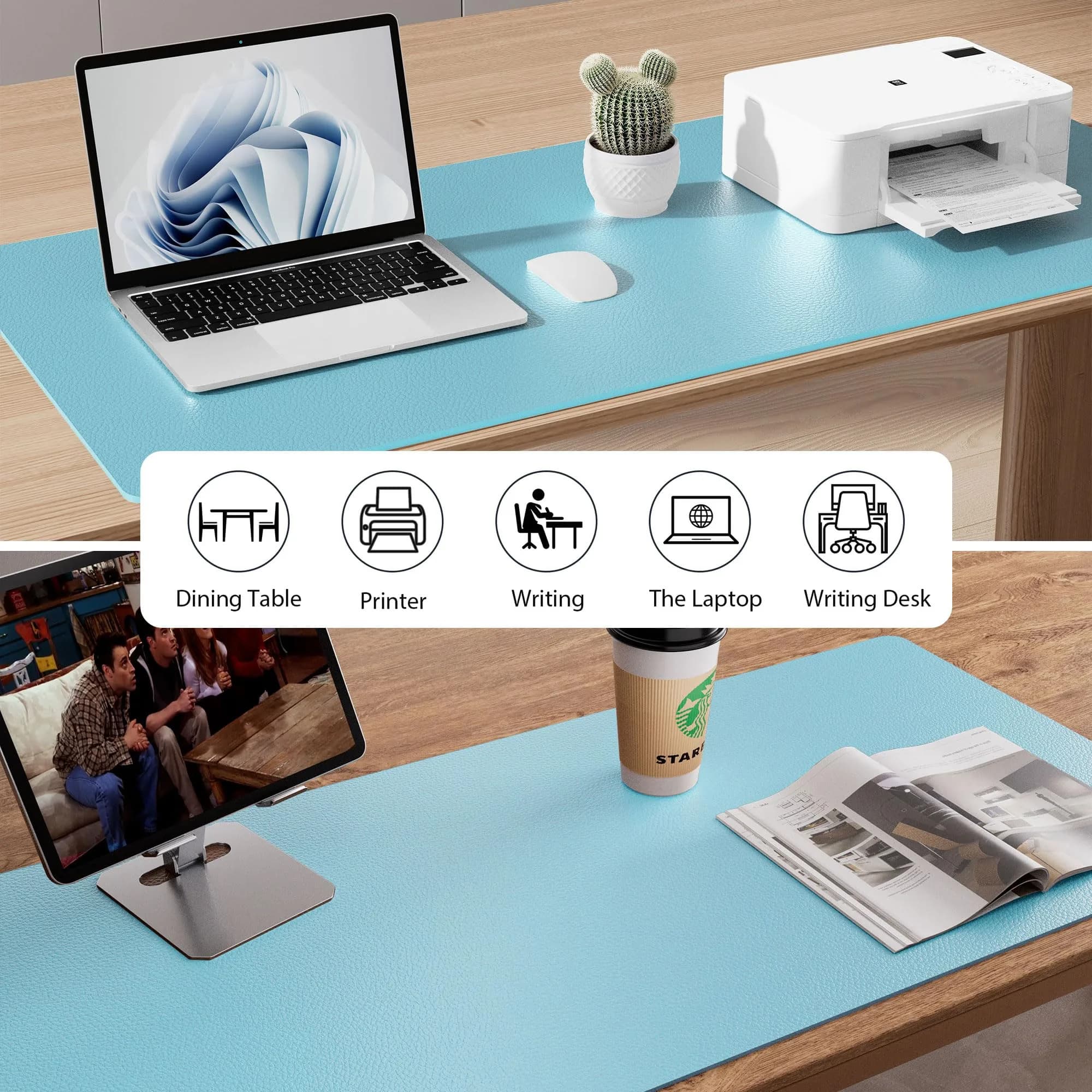 Aothia Large PU Leather Desk Pad Protector – Non-Slip Mouse Pad & Writing Mat, 48" x 17" Blue Topaz thumbnail 5