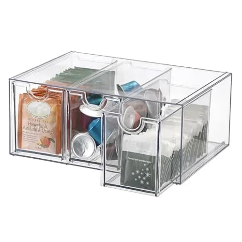 ELLDOO 3 Drawers Tea Bag Organizer Box, Clear Acrylic Stackable Tea Storage for Kitchen Pantry, Coffee Pod Snack thumbnail 1