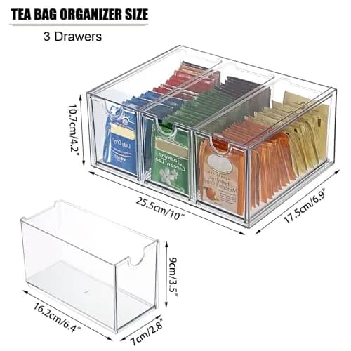 ELLDOO 3 Drawers Tea Bag Organizer Box, Clear Acrylic Stackable Tea Storage for Kitchen Pantry, Coffee Pod Snack thumbnail 2