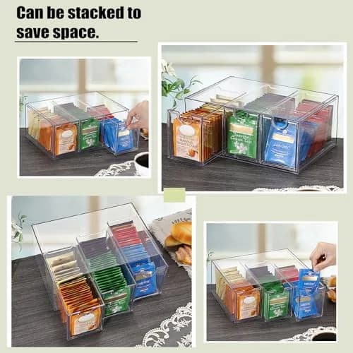 ELLDOO 3 Drawers Tea Bag Organizer Box, Clear Acrylic Stackable Tea Storage for Kitchen Pantry, Coffee Pod Snack thumbnail 3