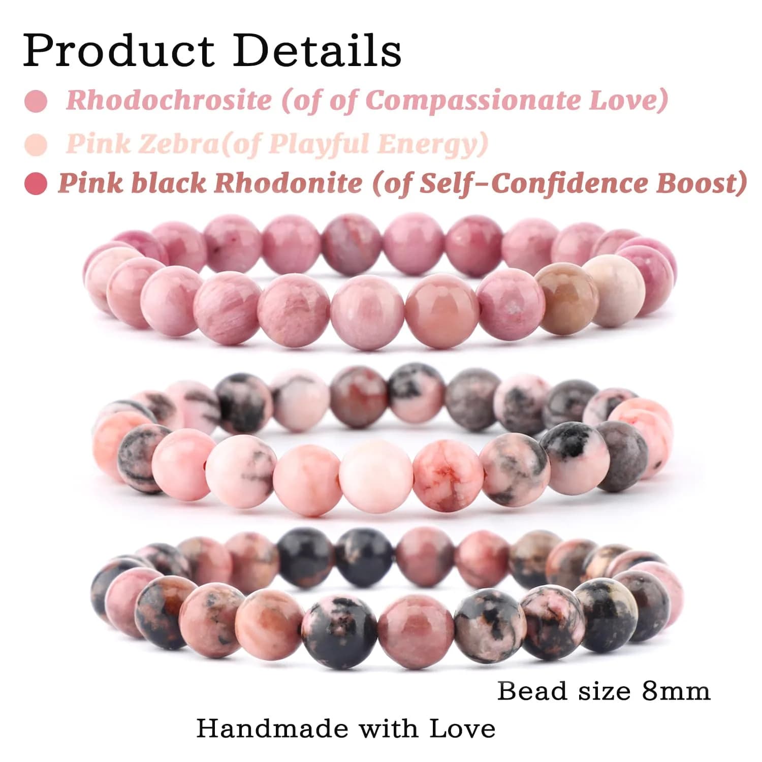 NCB 2-Piece 6mm Natural Crystal Gemstone Stretch Bracelets | Handmade Reiki Energy Healing Jewelry for Meditation, Yoga, Unisex — 8mm / 3PCS ( Pink Zebra+Red Jasper+Red Plum Blossom Stone )