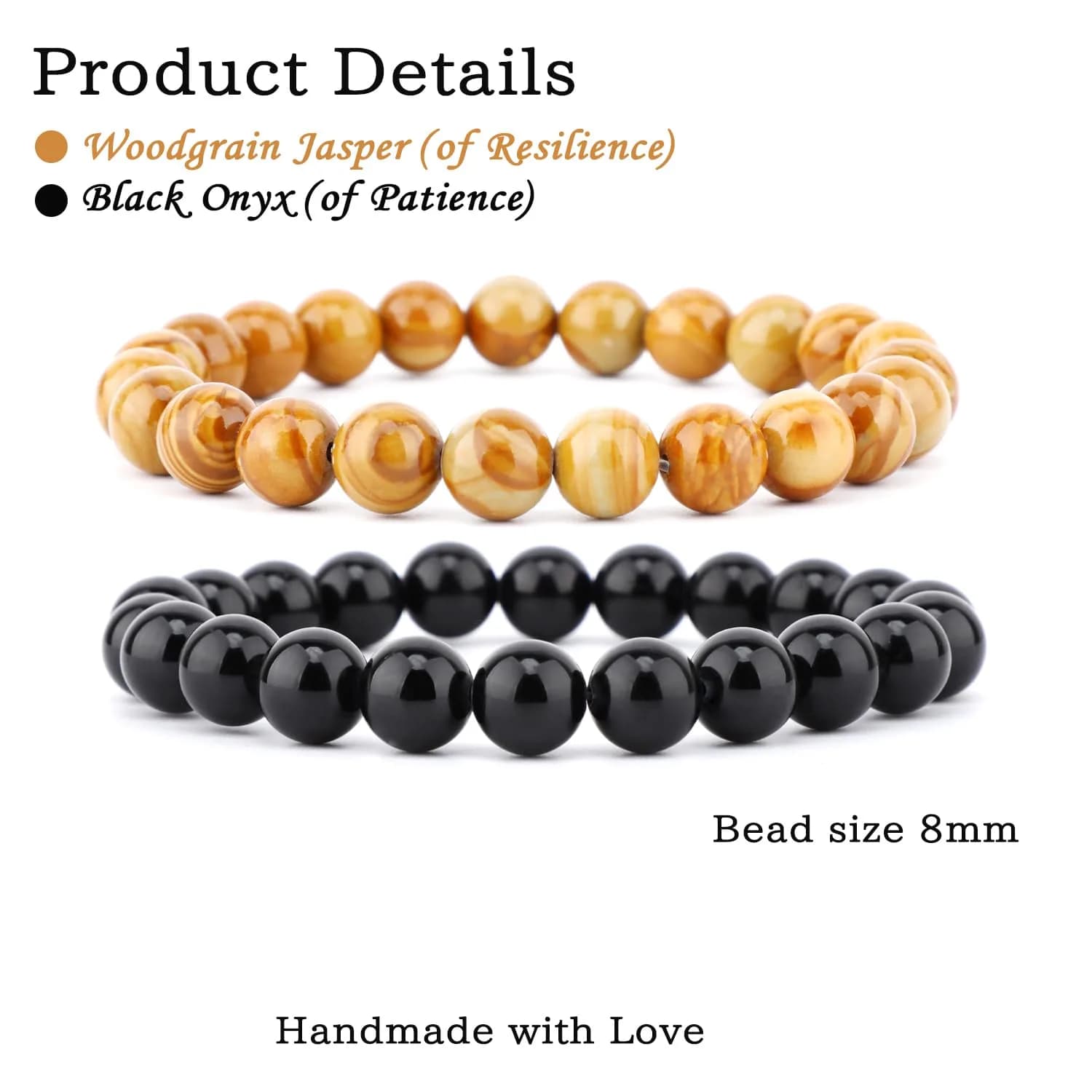 NCB 2-Piece 6mm Natural Crystal Gemstone Stretch Bracelets | Handmade Reiki Energy Healing Jewelry for Meditation, Yoga, Unisex — 8mm / 2PCS ( Black Onyx+Woodgrain Jasper )