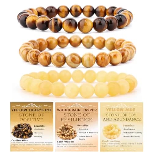 NCB 3-Piece 4mm Natural Crystal Gemstone Stretch Bracelets | Handmade Reiki Energy Healing Jewelry for Meditation, Yoga, Unisex — 4mm / 3PCS ( Woodgrain Jasper+Yellow Jade+Yellow Tiger's Eye )
