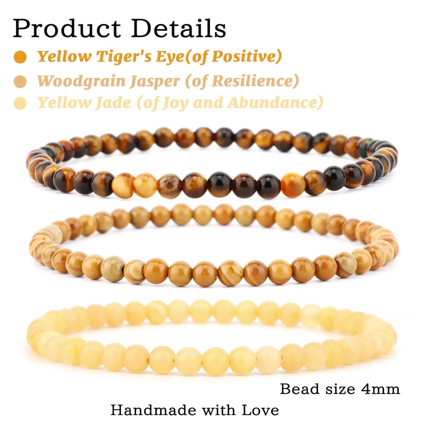 NCB 3-Piece 4mm Natural Crystal Gemstone Stretch Bracelets | Handmade Reiki Energy Healing Jewelry for Meditation, Yoga, Unisex