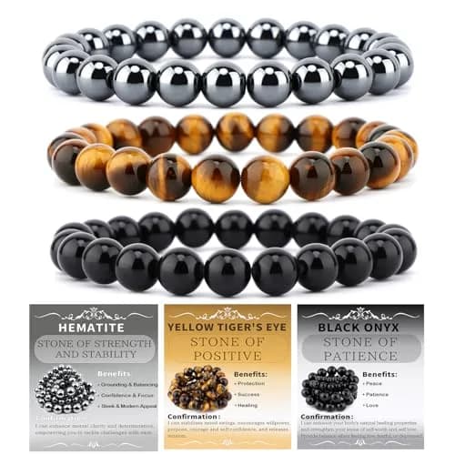 NCB 3-Piece 8mm Natural Crystal Gemstone Stretch Bracelets | Reiki Energy Healing Jewelry for Meditation, Yoga, Unisex — 8mm / 3PCS ( Black Onyx+Hematite+Yellow Tiger's Eye )