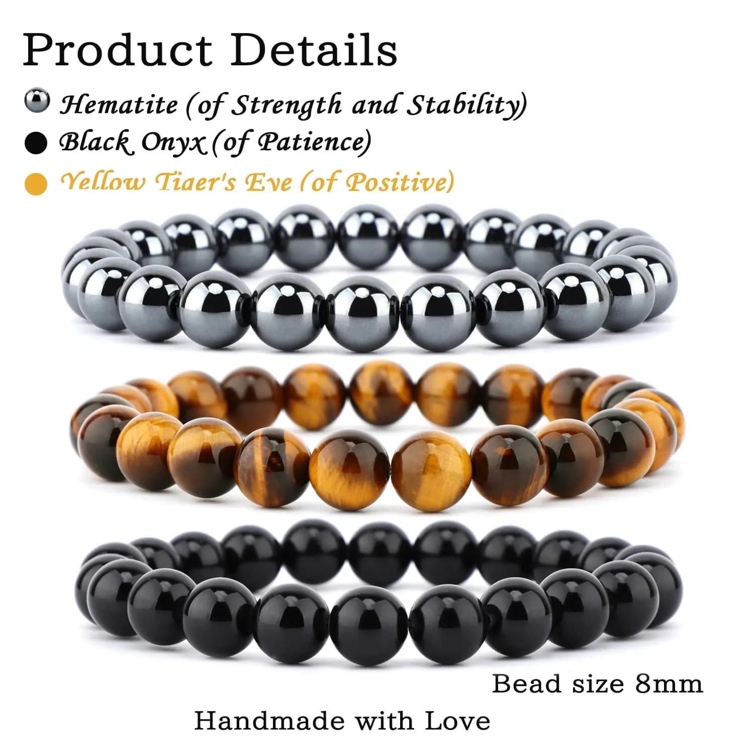 NCB 3-Piece 8mm Natural Crystal Gemstone Stretch Bracelets | Reiki Energy Healing Jewelry for Meditation, Yoga, Unisex