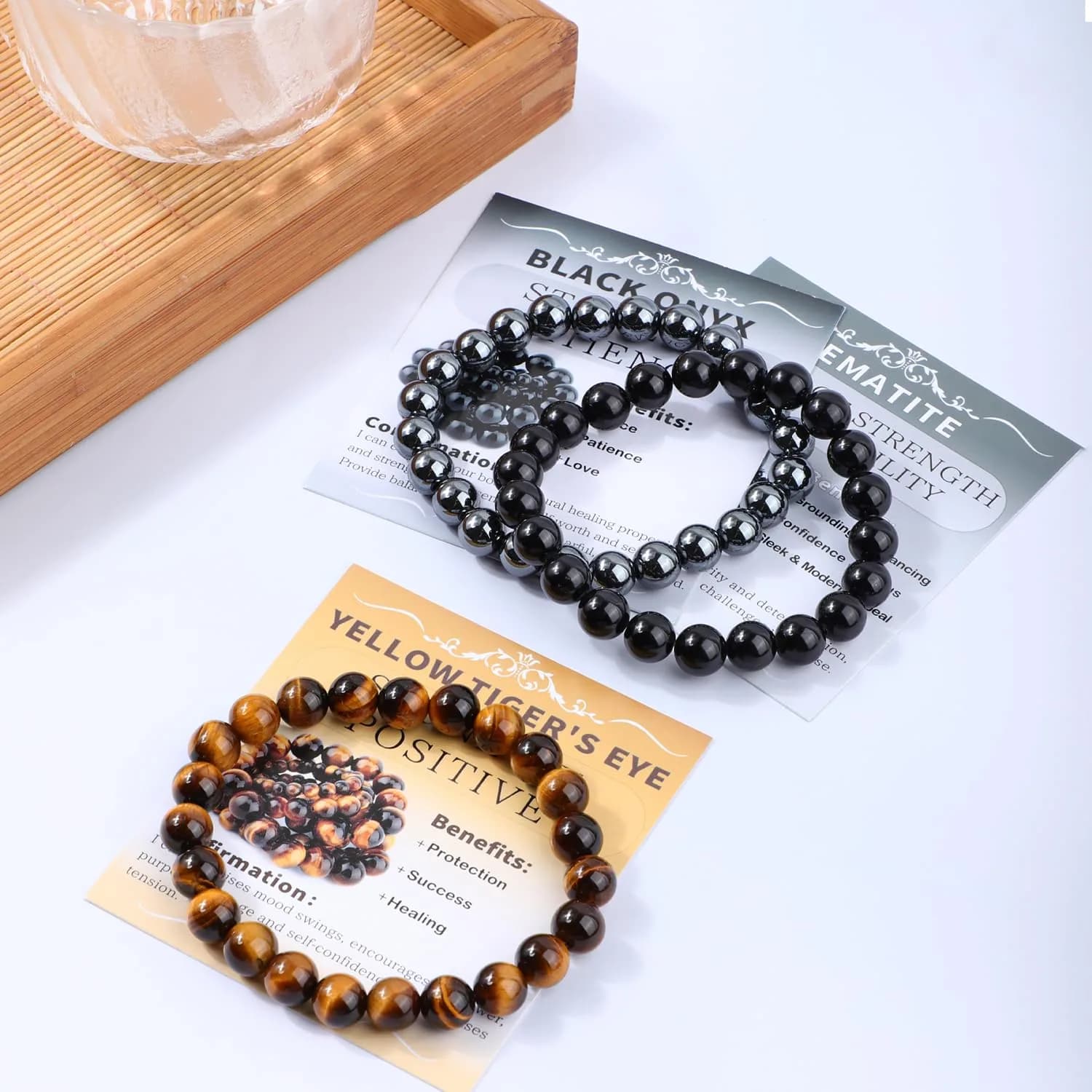 NCB 3-Piece 8mm Natural Crystal Gemstone Stretch Bracelets | Reiki Energy Healing Jewelry for Meditation, Yoga, Unisex thumbnail 2