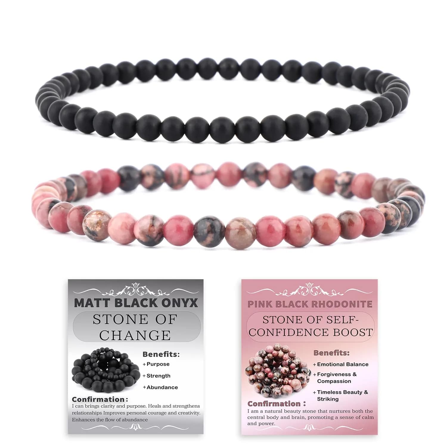 NCB Natural Crystal Gemstone Stretch Bracelets 4mm (Pink Black Rhodonite & Matte Black Agate) | Handmade Reiki Energy Healing Jewelry