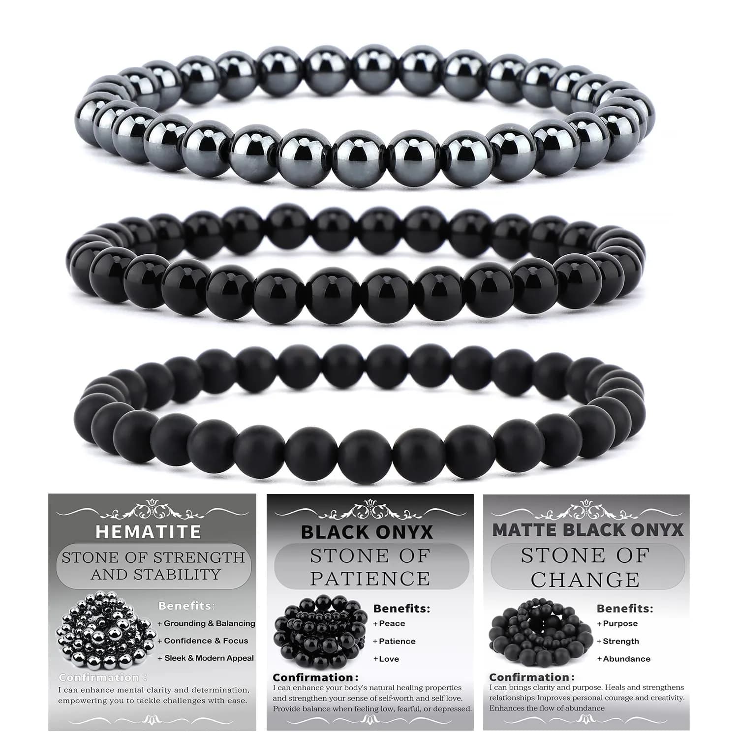 NCB 3-Piece 6mm Natural Crystal Gemstone Stretch Bracelets | Black Onyx, Hematite, Matte Black Agate